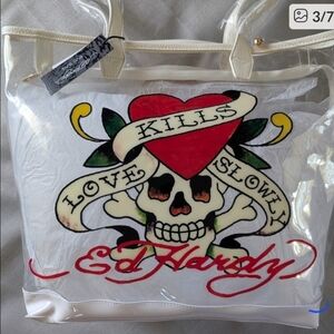 Ed Hardy Love Kills Slowly Clear Tote Bag with Bonus Zip Case NEW!